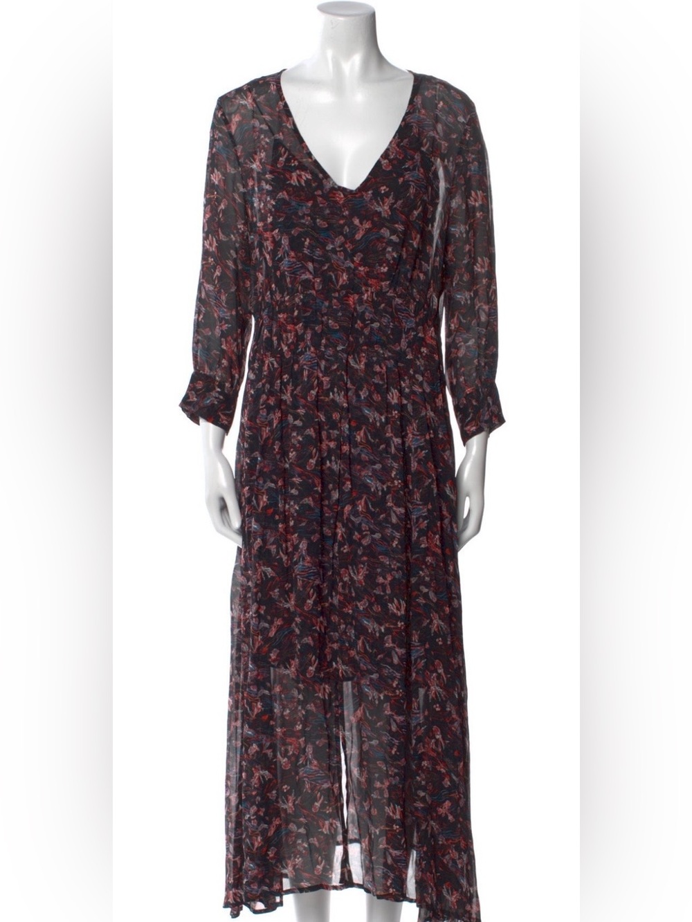 IRO Black Floral Midi Dress with Rust and Blue Accents.  Size FR 40